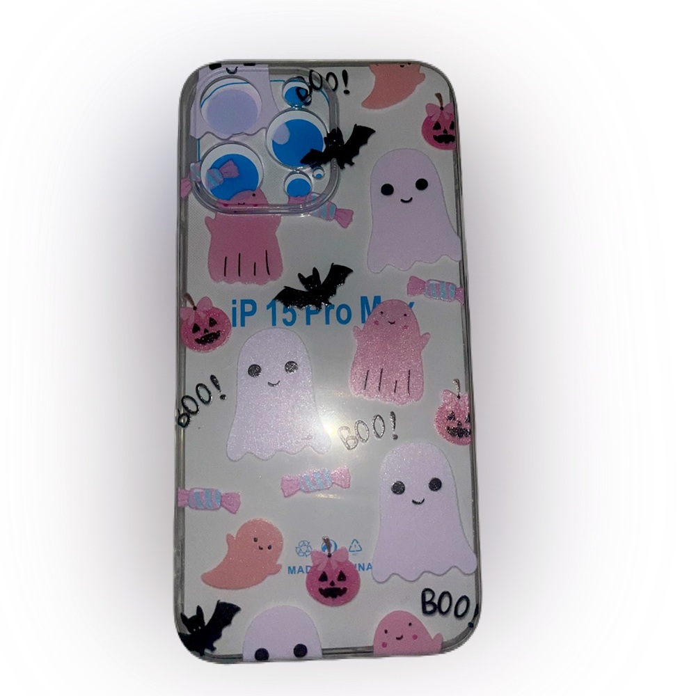 iPhone 15 ProMax Clear Transparent Halloween Ghost Print Flexible Phone Case NWT